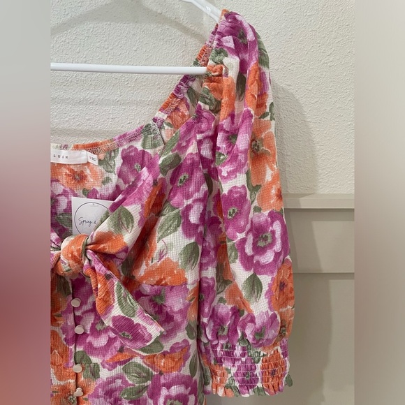 Lush Pink and Orange Floral Font-Tie Romper with Puff Sleeves Small - Picture 7 of 12